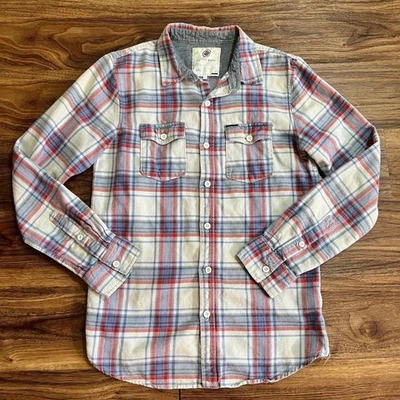 Camisa masculina de algodão xadrez manga longa flanela botão S branca/vermelha ON THE BYAS - Imagem 1 de 4