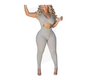 Jumpsuits for Women Sleeveless V Neck Ribbed Cut Out Long Pants Bodycon - Picture 1 of 10