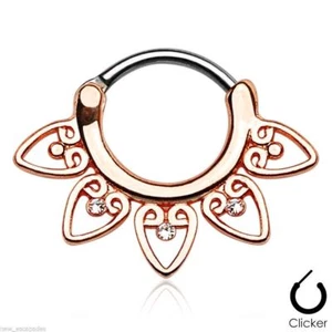 Septum Nose Captive Clicker Tribal Rose Gold IP w/Clear Gems 16 Gauge 5/16" - Picture 1 of 4