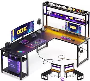 Gaming Tisch mit LED, Reversibel Schreibtisch L Form mit 2 Steckdosen und 2 USB - Bild 1 von 7