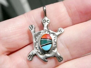 NA Navajo Arnold Maloney Sterling Silver Turtle Multi Gemstone Inlay Pendant - Picture 1 of 12