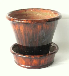 Antique Signed John Bell Redware Pottery Flower Pot Attached Saucer Shenandoah - Picture 1 of 9