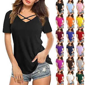 Women Summer Tops V Neck Criss Cross Short Sleeve Basic Plain Tee T-Shirt Blouse - Picture 1 of 75