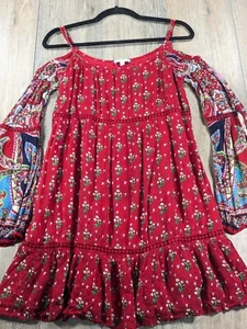 Patrons of Peace Dress Womens Large Red Floral Print Cold Shoulder Sleeve BOHO - Picture 1 of 11