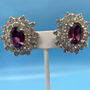 Germania Occidentale Ovale Viola Sfaccettati con Tacchetti Clip Orecchini Tonalità Argento - Foto 1 di 9
