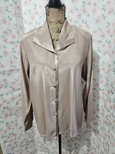 YVES ST CLAIR, DAMEN TAUPE POLY LANGARM KRAGEN BLUSE MIT SATINBESATZ GRÖSSE 10 - Bild 1 von 7