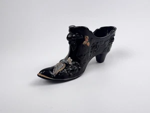Fenton Black Glass Slipper Shoe Boot Original Sticker Hand Painted - Picture 1 of 12