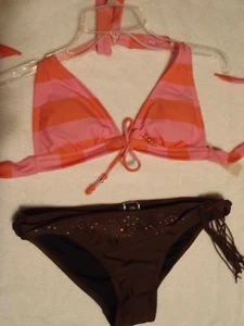 DECREE Juniors Swim Stripe Halter Small Belted Panty Swimsuit NWT - Picture 1 of 2
