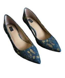 G.I.L.I. Blue Jean Textile Gold Splattered Pointed Toe Pumps ~ 7 - Picture 1 of 6