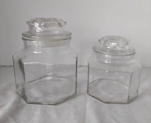Set of 2 Glass Apothecary Jars Canisters Octagon w/ Starburst Lids Small Medium - Picture 1 of 13