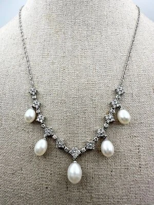 "Collar de perlas de diamantes genuinos de oro blanco de 14k 18""" Foto 1 de 4