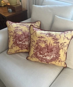 2 Vtg WAVERLY Le Petite Ferme Spice Red Yellow Rooster Toile Pillows 14” X 15” - Picture 1 of 7
