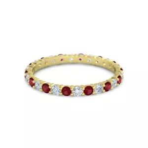 925 Sterling Silver Round Ruby White Cz Yellow Plated Eternity Band Ring - Picture 1 of 3