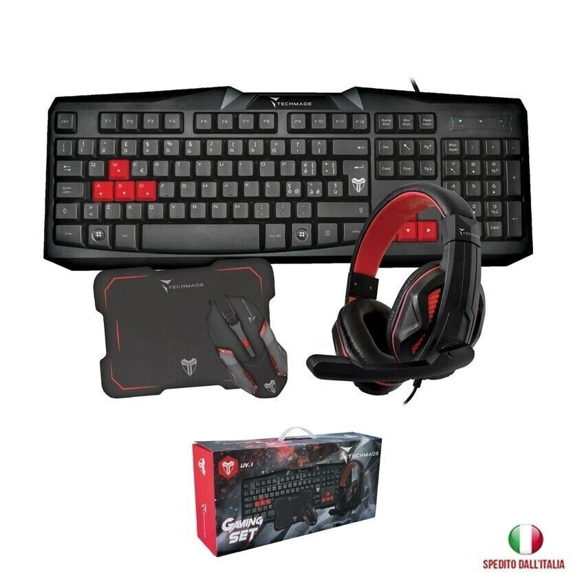 Kit Tastiera Mouse Pad Cuffie da Gaming Techmade USB con Filo Nero/rosso