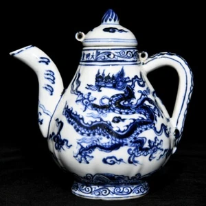 Teiera cinese antica dinastia Ming blu e bianca a forma di pera drago 5,4" - Foto 1 di 9