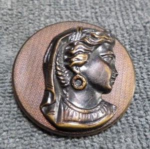 Large Vintage Antique Metal Picture Button GIRL LADY CAMEO - Picture 1 of 4