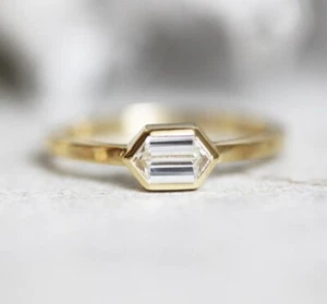 Classic 1 Ct Moissanite Solitaire Hexagon Cut Ring Set 14k Solid Yellow Gold - Picture 1 of 7