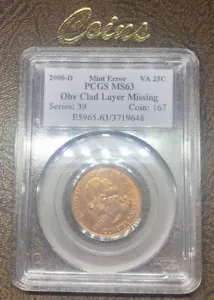2000-D 25c Mint Error. VA MS63Obv Clad Layer Missing Rare Error - Picture 1 of 11