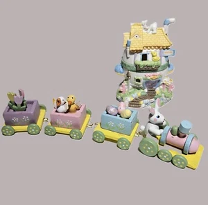 80s Vtg Wood Easter Bunny Train 4 Piece & Ceramic Easter Bunny Village House - Picture 1 of 14