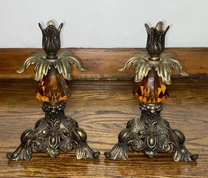 Vintage Ornate Brass Chandelier Candle Stick Holders Set Pair - Picture 1 of 11