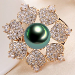 Natural 11-12mm Black Pearl Crystal Flower Brooches 18KGP For Women - Picture 1 of 2