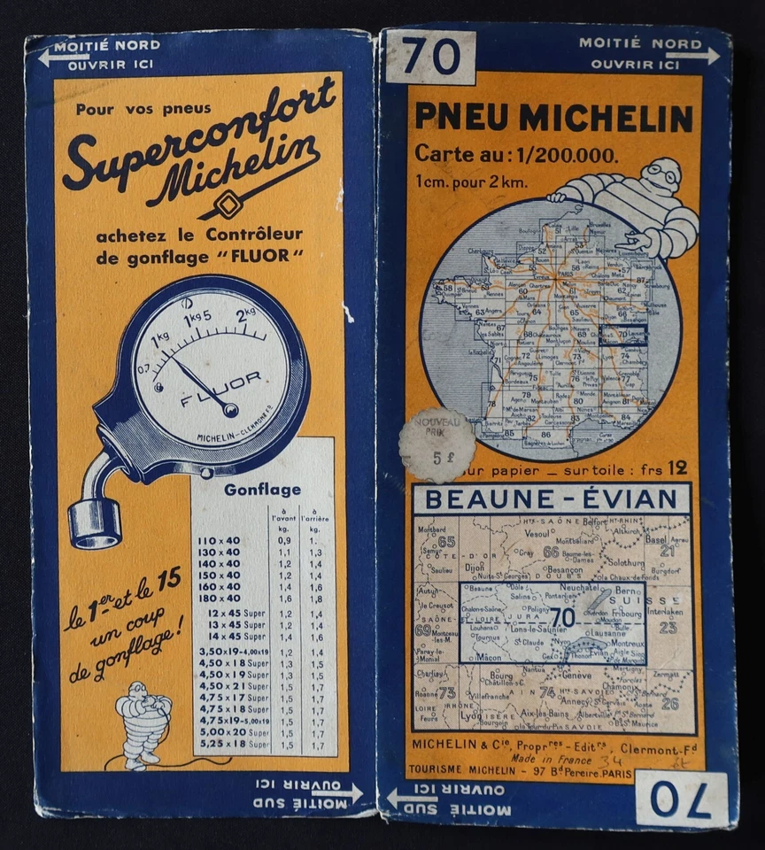 Tarjeta MICHELIN 70 BEAUNE EVIAN 1934 Guía Bibendum neumáticos mapa - Imagen 1 de 1