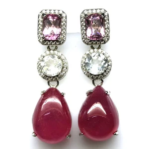 925 Plata de Ley Rubí Rojo ,Topacio Rosa & Zircon Pendientes Bañado en Oro - Imagen 1 de 4