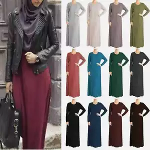 WOMENS PLAIN ABAYA MAXI DRESS BURKHA FARASHA JILBAB ISLAMIC LONG JERSEY KAFTAN - Picture 1 of 10