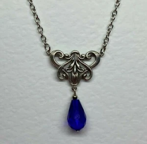 COLLAR Y CADENA DE FLORES ART NOUVEAU ESTILO VICTORIANO PLATA P P DP GOTA DE VIDRIO AZUL - Imagen 1 de 10