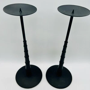 Black Cast Iron Pillar Candle Holders 15 3/4” Set Of 2 Vintage Mid Century - Picture 1 of 11
