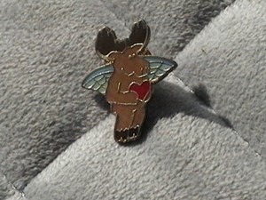 Flying Moose With Wings In Love Holds Valentine Heart.Metal Pin.Valentine's Day