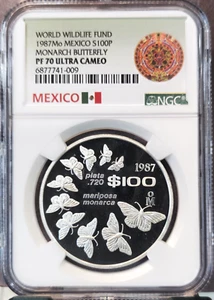 1987 MEXICO SILVER 100 PESOS MONARCH BUTTERFLY NGC PF 70 ULTRA CAMEO RARE - Picture 1 of 3