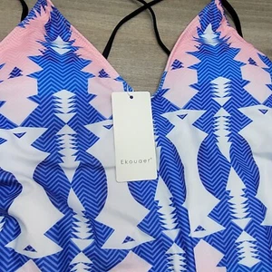 Ekouaer Badeanzug Damen Large Blau Rosa Einteiler V-Ausschnitt Rückenfrei - Bild 1 von 7