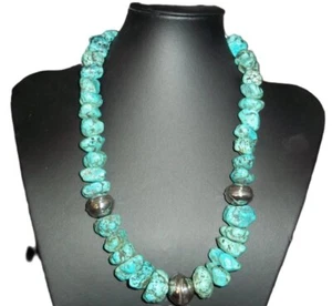 Large Turquoise nugget necklace, vintage sterling silver findings. - Picture 1 of 9