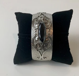 Art Deco Style Silver Tone & Black Glass Hinge Cuff Clamper Bracelet - Picture 1 of 10