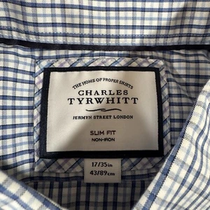 Camisa Charles Trywhitt Botón Talla 17-35 Calce Ajustado Sin Hierro Manga Larga Azul A Cuadros  - Imagen 1 de 6