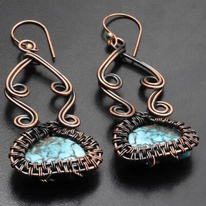 Turquoise Gemstone Gift For Mother Wire Wrapped Earrings 2.3" Jewelry G15011 - Picture 1 of 3