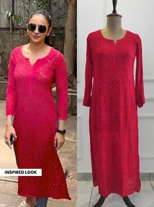 Rojo Viscosa Chikankari Recto Kurti Étnico Fiesta Ropa Hecho a Mano Kurta - Imagen 1 de 5