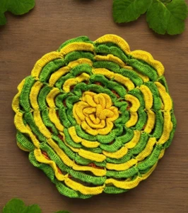 VTG Pillow Cover Case Hand Knit 3D Green Yellow Round 13" MCM Boho Decor Hippie - Picture 1 of 5