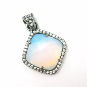 Oxidized Silver Opalite Quartz Bezel Gem Pendant,Cubic Zirconia Pave 17mm - Picture 1 of 4
