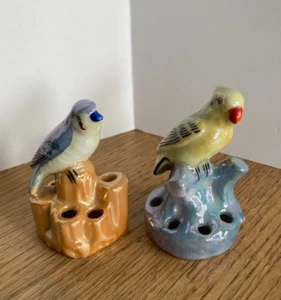 2 Vintage Mini Lusterware Flower Frog Birds Blue and Yellow Bird Figurines Japan - Picture 1 of 23