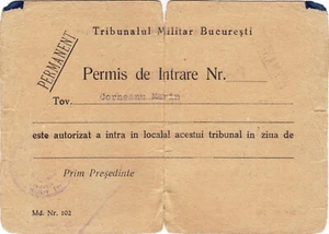 Romania, 1950's, Vintage Army Entry Permit - Bucharest Military Tribunal - Picture 1 of 2