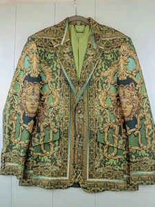 Barabas 42R Olive Baroque Medusa  3SU21 Blazer Slim Fit Gold Green Versace Style - Picture 1 of 11