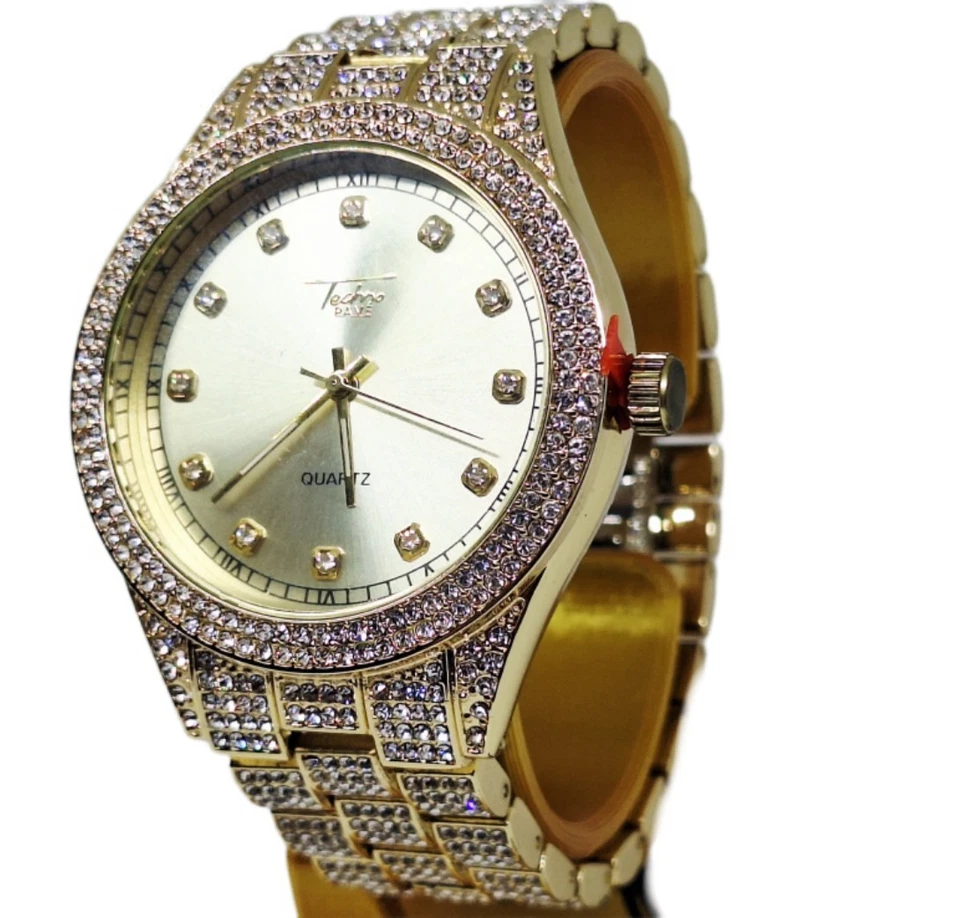 Reloj de vestir Techno Pave tono dorado 42 mm banda cara dorada tachonada imitación diamante para hombre Foto 1 de 4