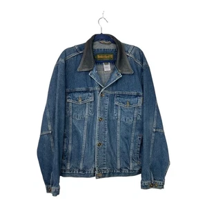 Timberland Weathergear Vintage Denim Leather Collar Trucker Jean Jacket Blue L - Picture 1 of 9