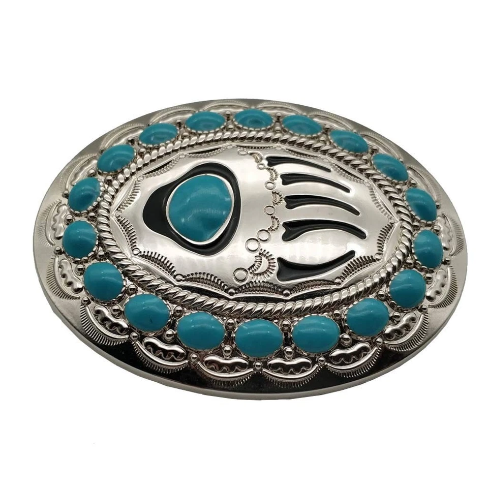 Turquoise Silver Belt Buckle Inlaid Indian Bear Paw Pattern Men Women