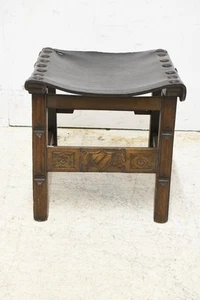 N50C19- Antiker Hocker Leder Holz - Bild 1 von 12