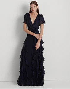 Lauren Ralph Lauren Women's Ruffle-Trim Metallic Chiffon Gown - Navy MSRP 325$ - Picture 1 of 6