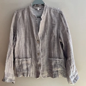 Eileen Fisher Organic Linen Jacket Women’s Size Medium Tan Stand Collar Raw Hem - Picture 1 of 11