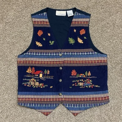 VTG Casey Max Vest Womens Medium Blue Corduroy Embroidered Button Up Fall Leaves - Image 1 of 4